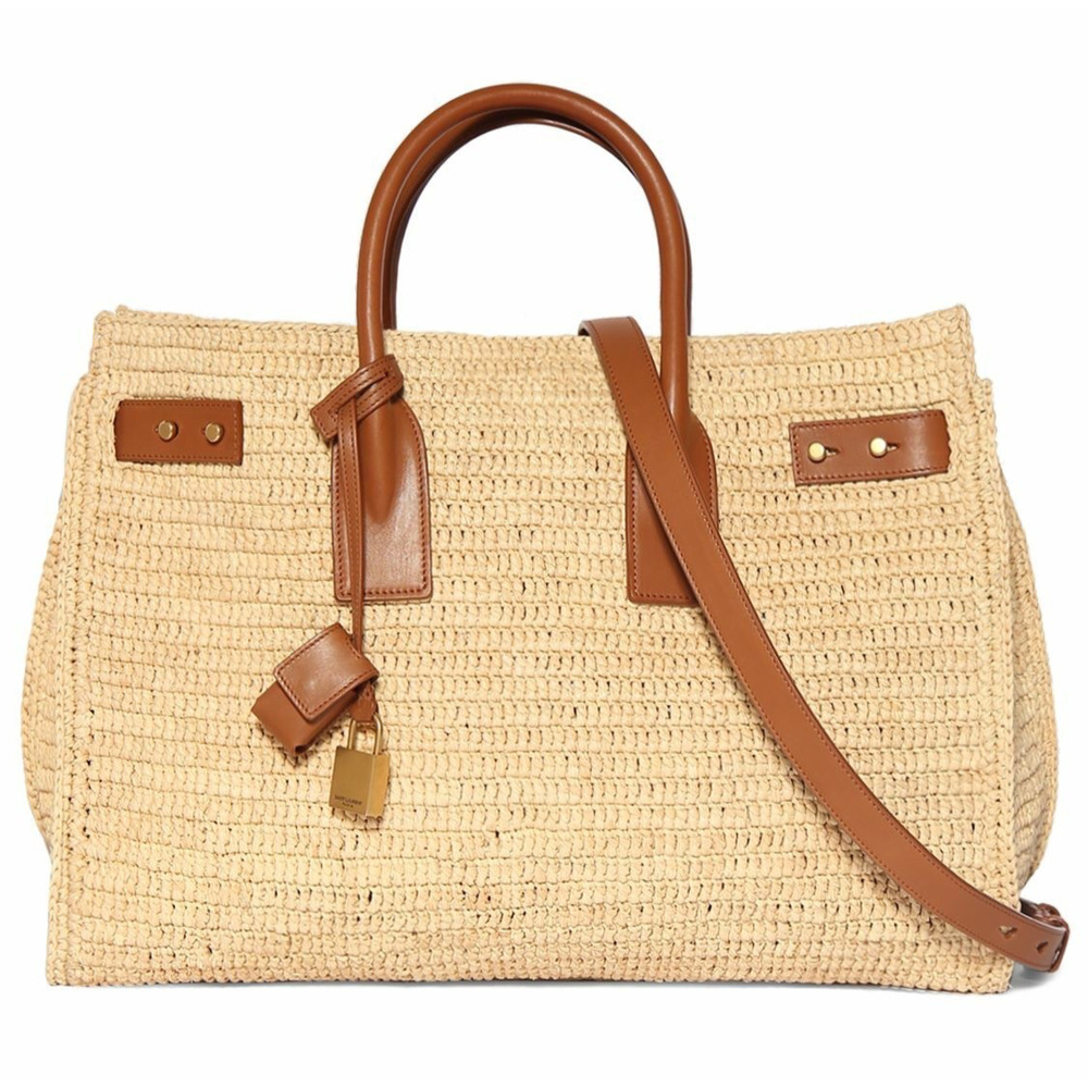 Saint Laurent Medium Sac De Jour Raffia Beige Brown Shoulder Top Handle Tote Bag - Picture 6 of 16